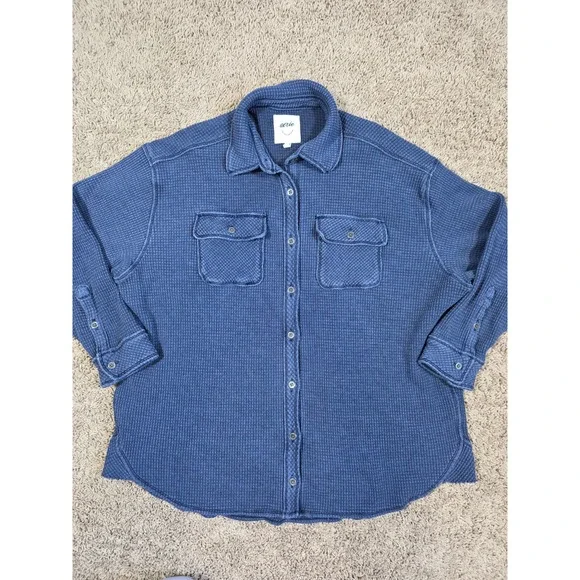 Aerie Oversized Lumberjane Waffle Knit Button Down Shirt Blue Long Sleeve - XS - Picture 1 of 12